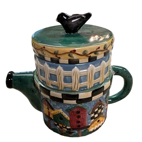 Sakura Debbie Mumm Ceramic Birdhouses Picket Fence Teapot With Blackbird on Lid - Picture 1 of 15